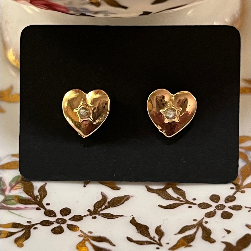 Gold Crystal Heart Stud Earrings